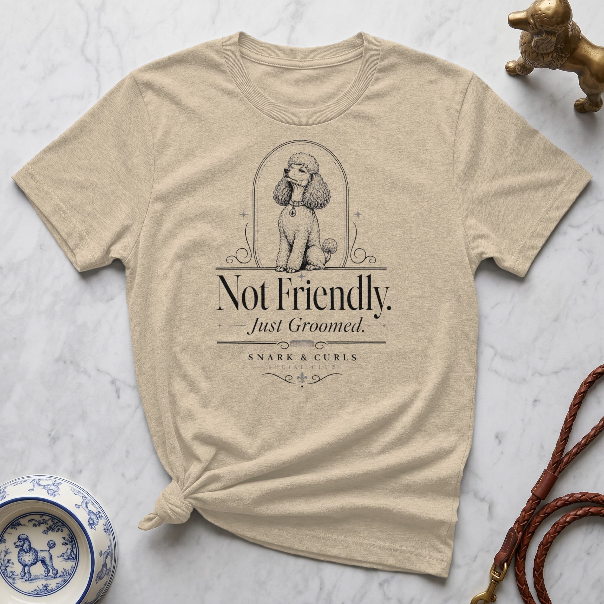 T-shirt with "Not Friendly. Snark & Curls Social Club." text and a poodle illustration.