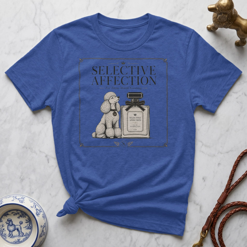 T-shirt with poodle and perfume bottle graphic, reads "Selective Affection".