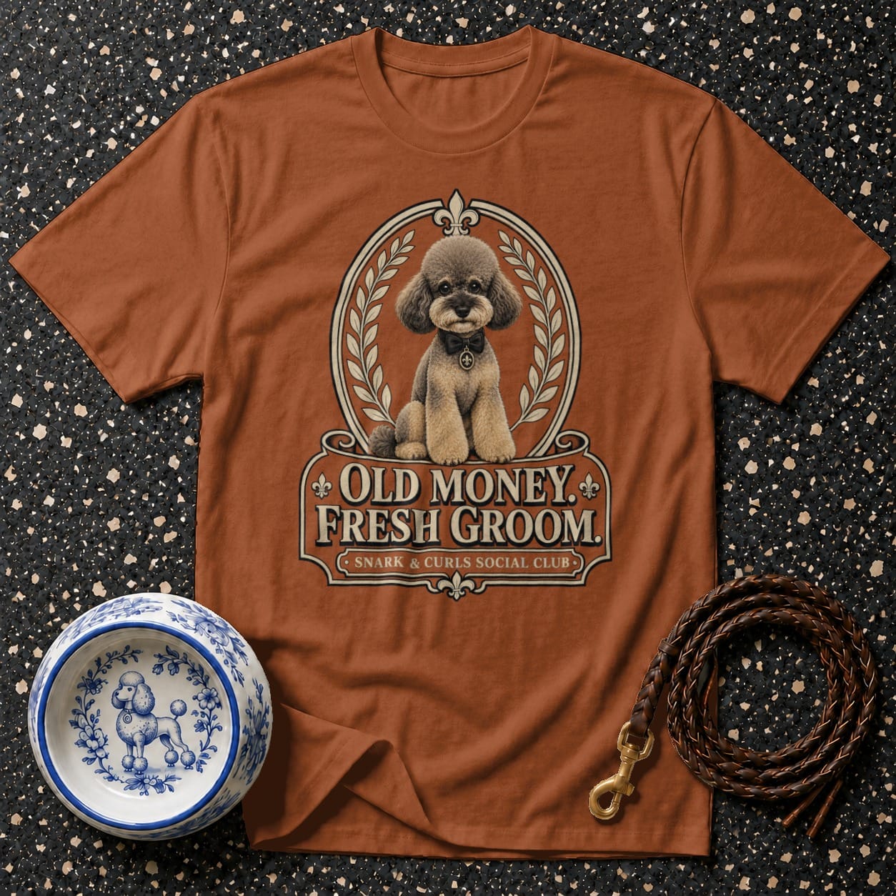 Brown dog t-shirt with "Old Money Fresh Groom" graphic and poodle illustration.