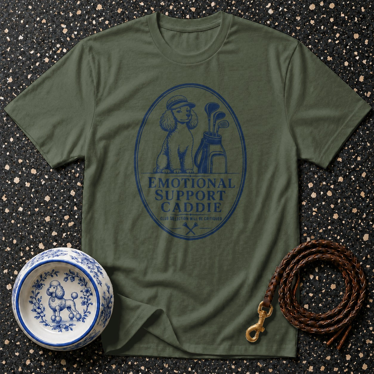 Olive green t-shirt with blue "EMOTIONAL SUPPORT CADDIE" graphic featuring a poodle.