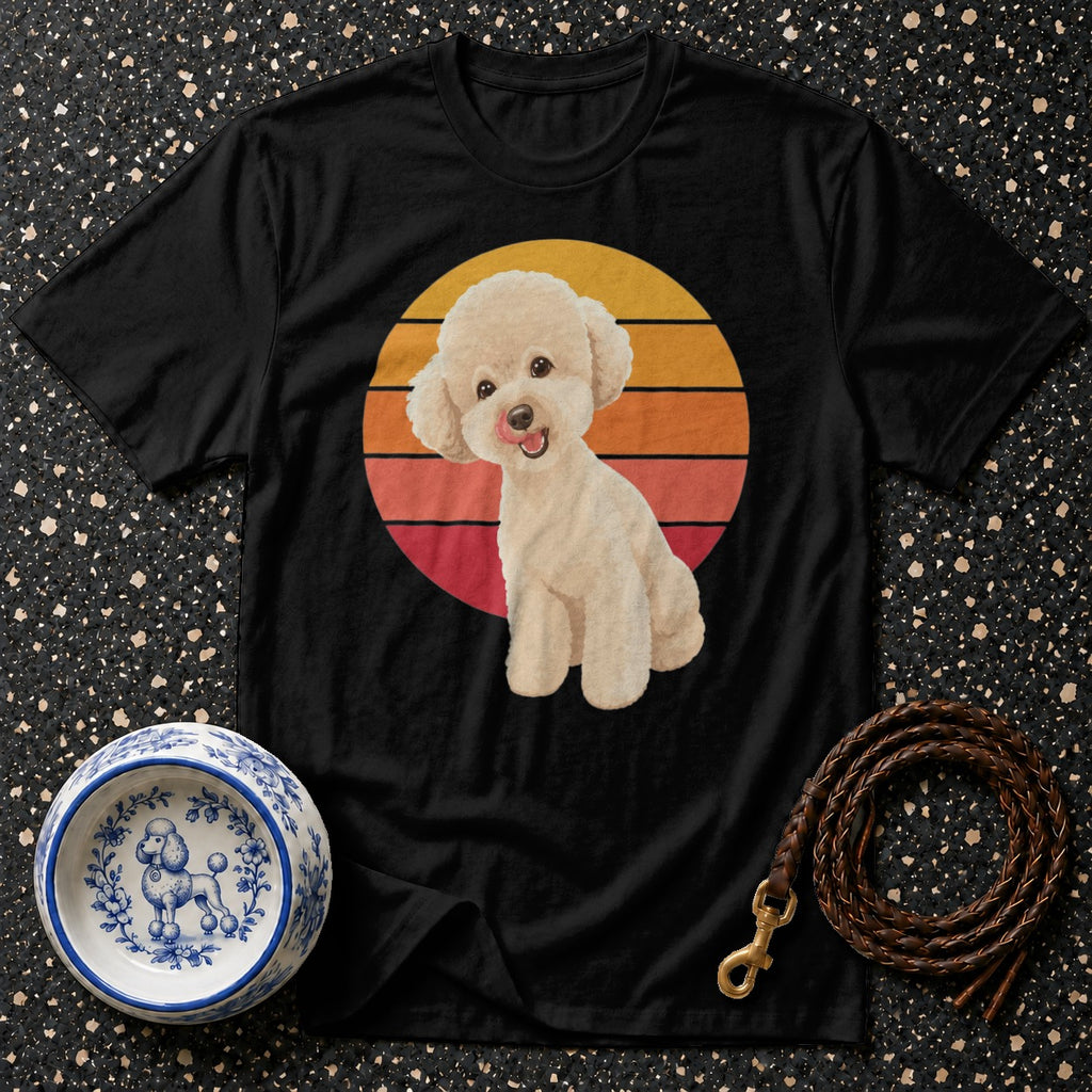 Black t-shirt with a cream poodle graphic and retro sunset circle.