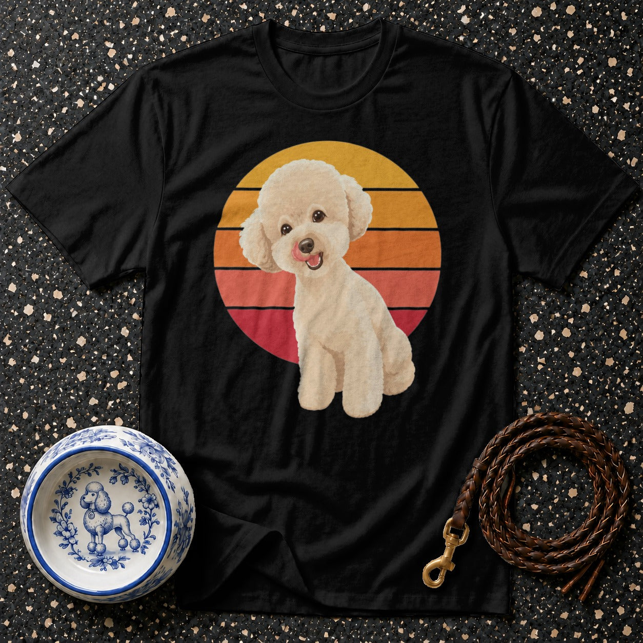 Black t-shirt with a cream poodle graphic and retro sunset circle.