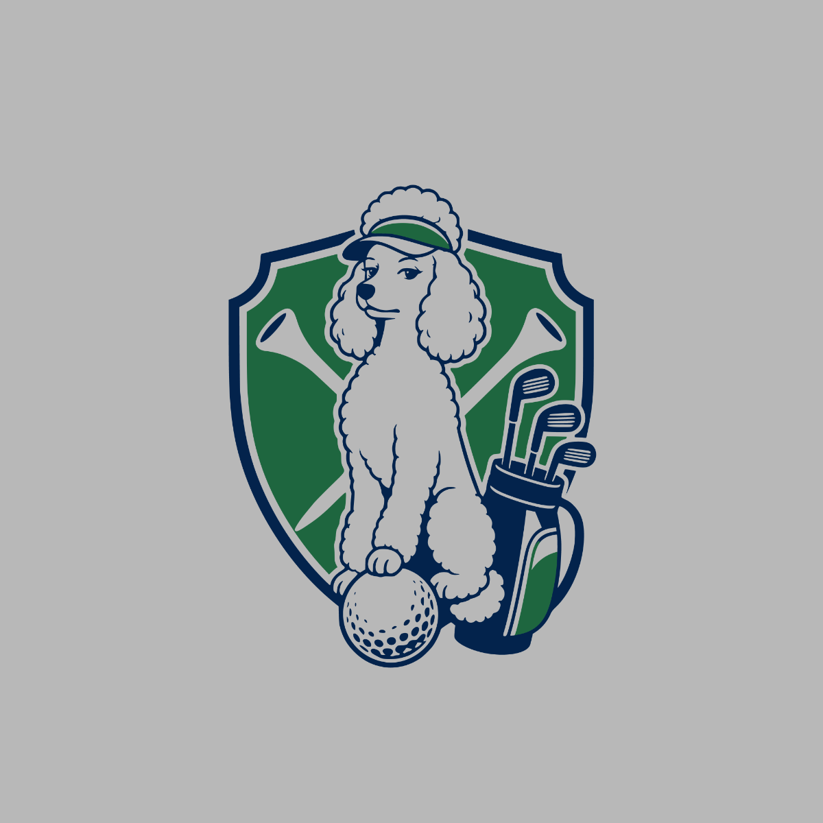 Poodle in visor sitting on golf ball next to bag and clubs on shield.