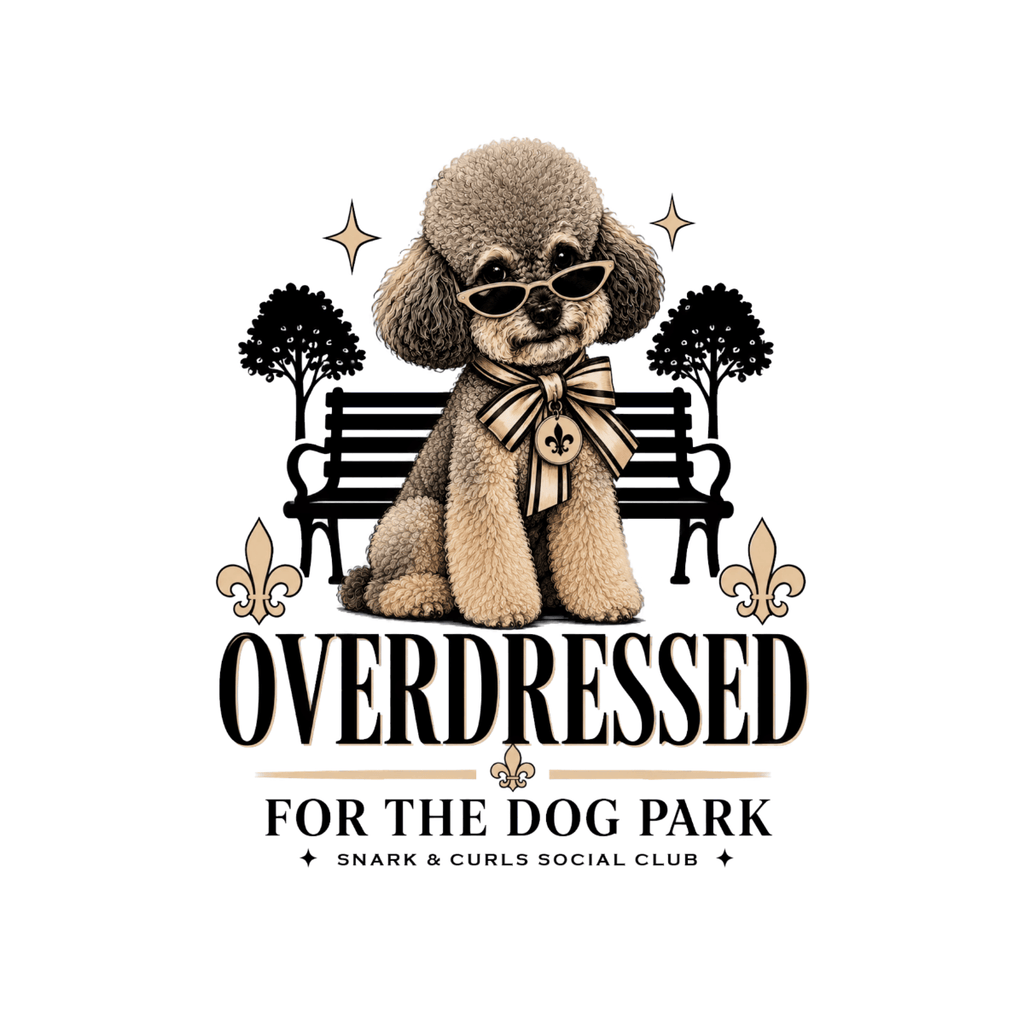 Poodle wearing sunglasses and a bow tie sits on a park bench with logo text.