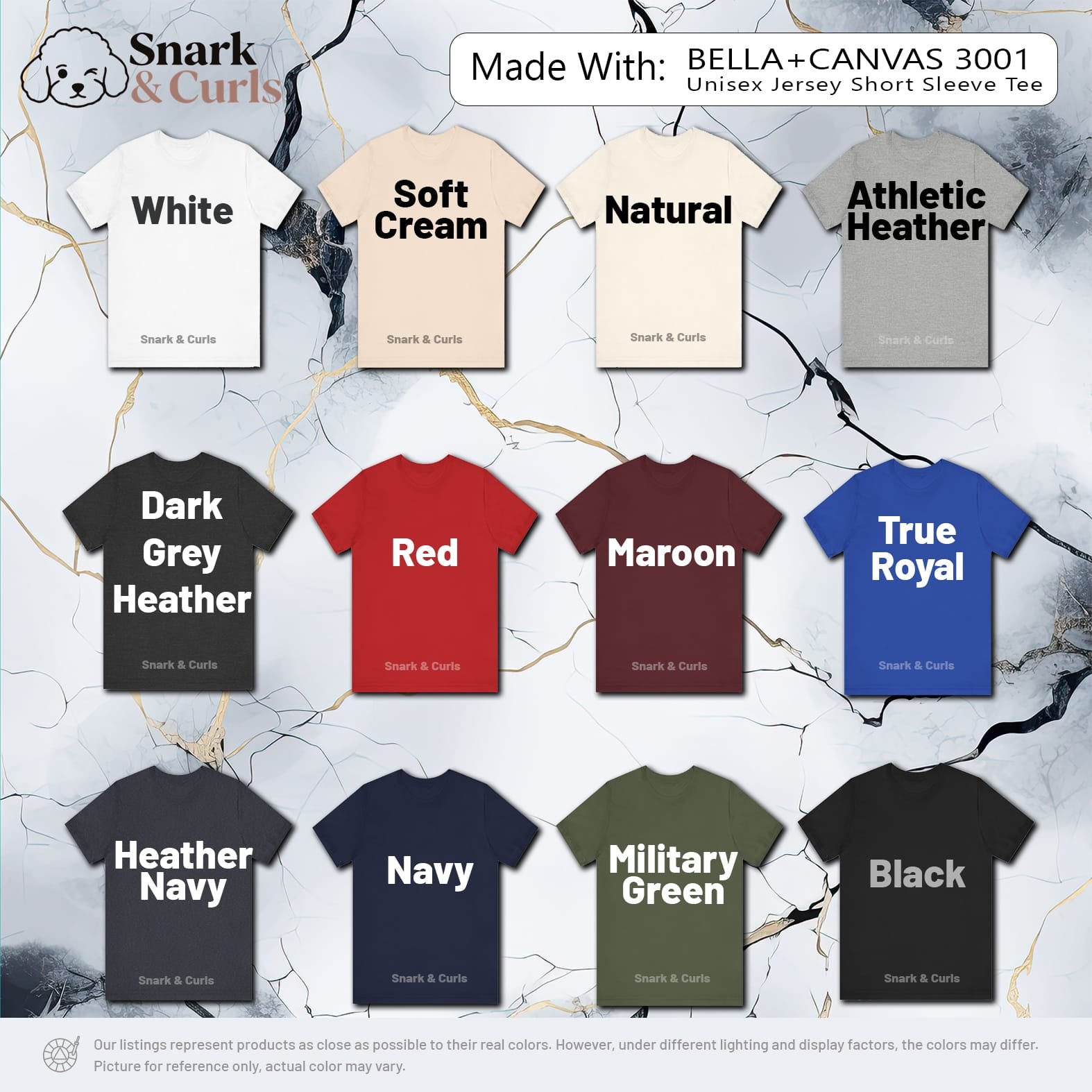 Color swatches of unisex short sleeve t-shirts with brand name "Snark & Curls".