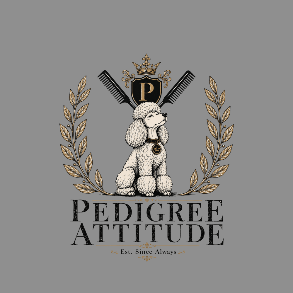 Poodle logo with combs, crown, and "Pedigree Attitude" text.