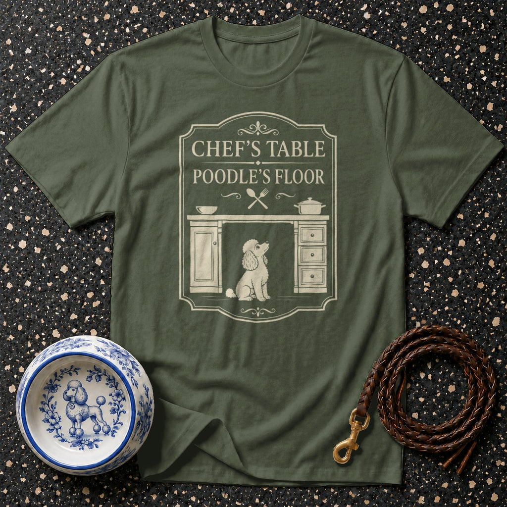 Green t-shirt with "Chef's Table Poodle's Floor" and poodle graphic.