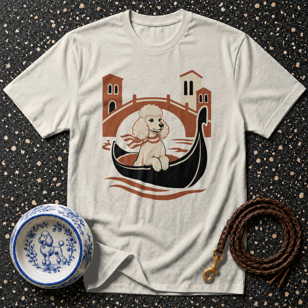 T-shirt with cream poodle in gondola and Venetian bridge graphic.