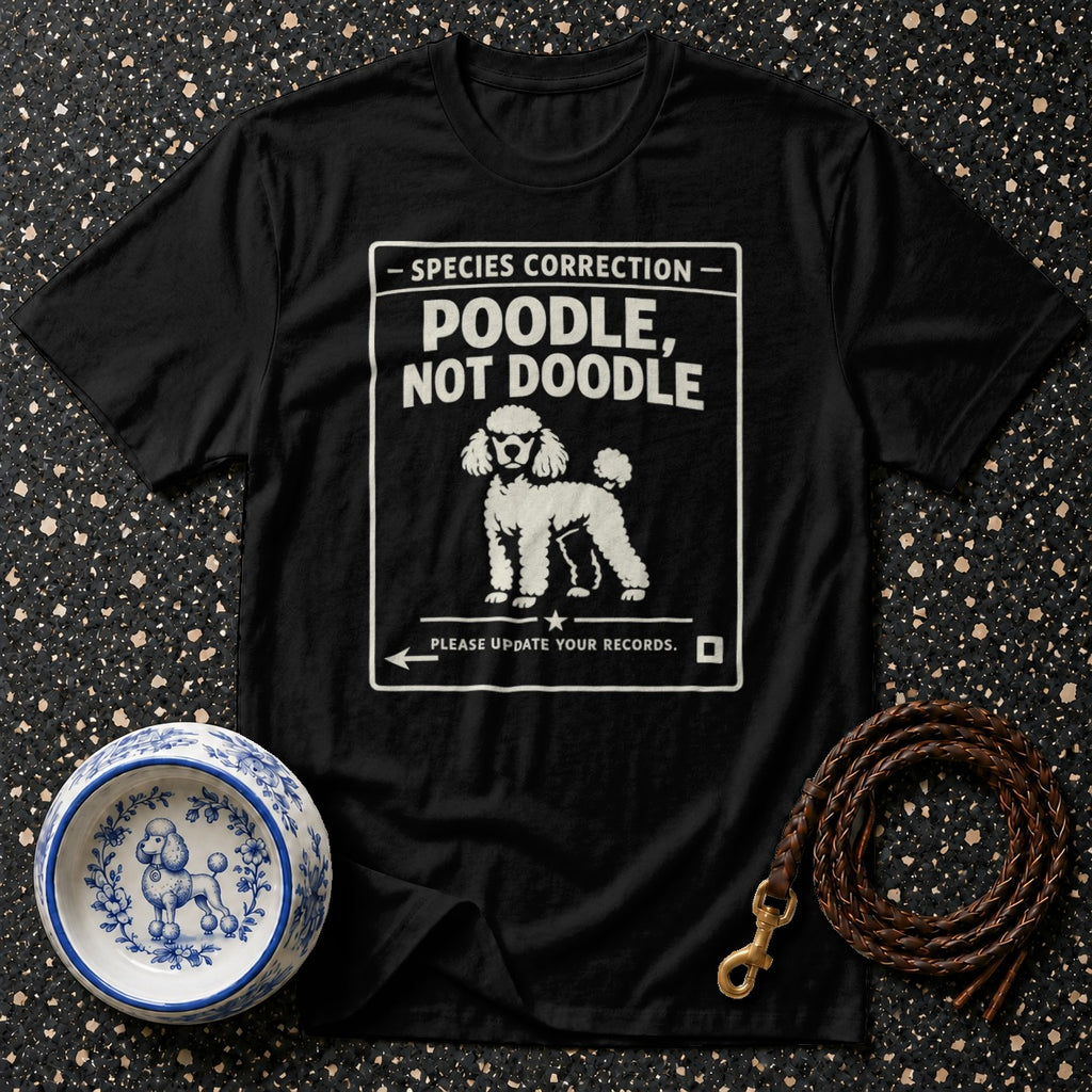 Black t-shirt with "Poodle, Not Doodle" text and poodle graphic.