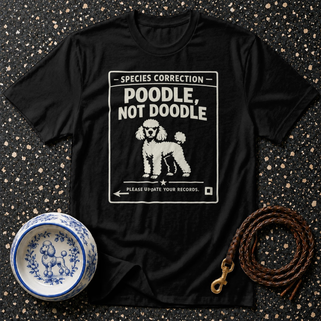 Black t-shirt with "Poodle, Not Doodle" text and poodle graphic.