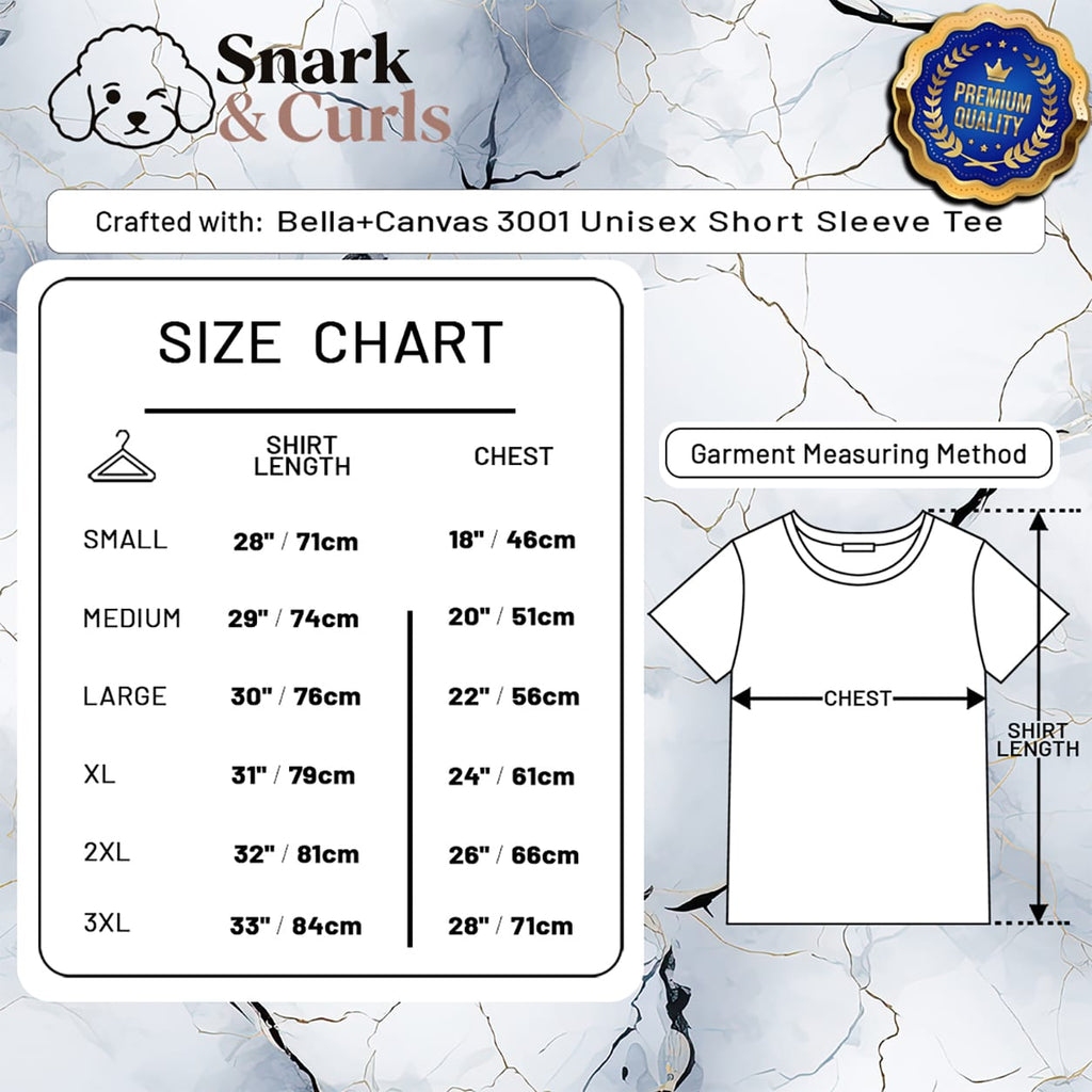 Bella+Canvas 3001 size chart with shirt length and chest measurements for sizes small to 3XL.