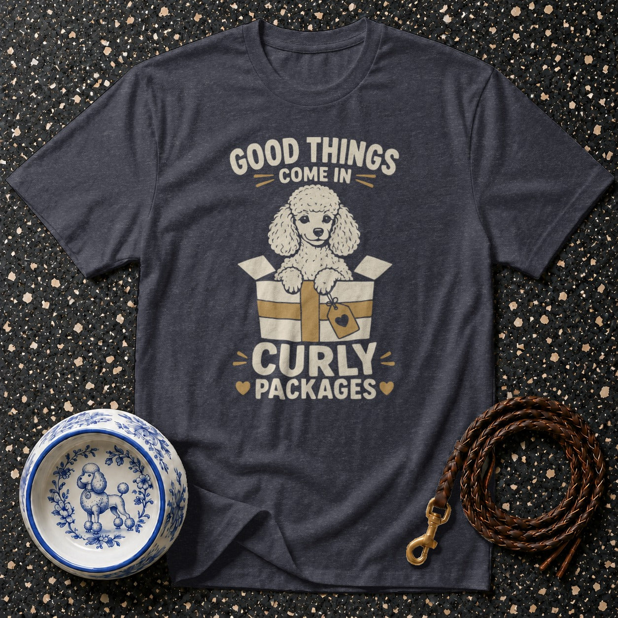 T-shirt with poodle in box graphic: "Good things come in curly packages."