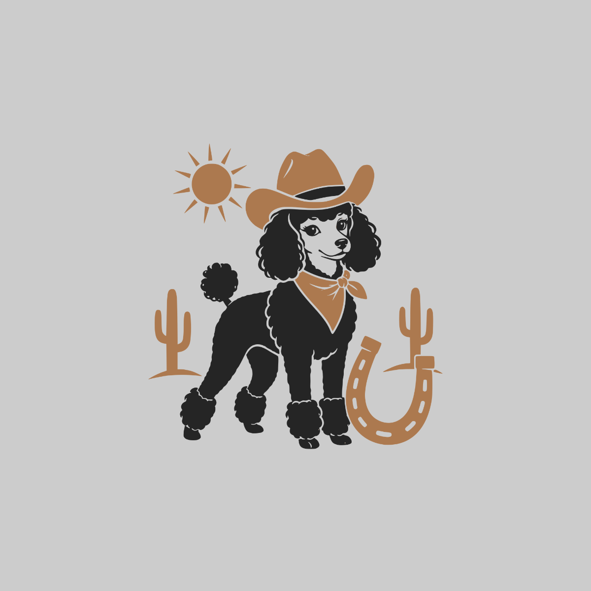 Black poodle wearing a cowboy hat and bandana with desert elements.