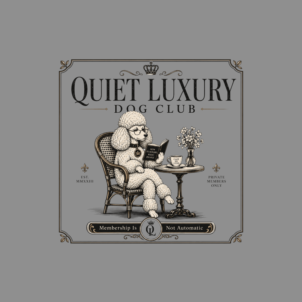 Poodle in armchair reading at a small table, "Quiet Luxury Dog Club" logo.