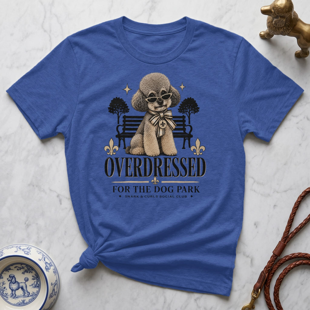Blue t-shirt with a seated poodle wearing sunglasses and a bow tie.