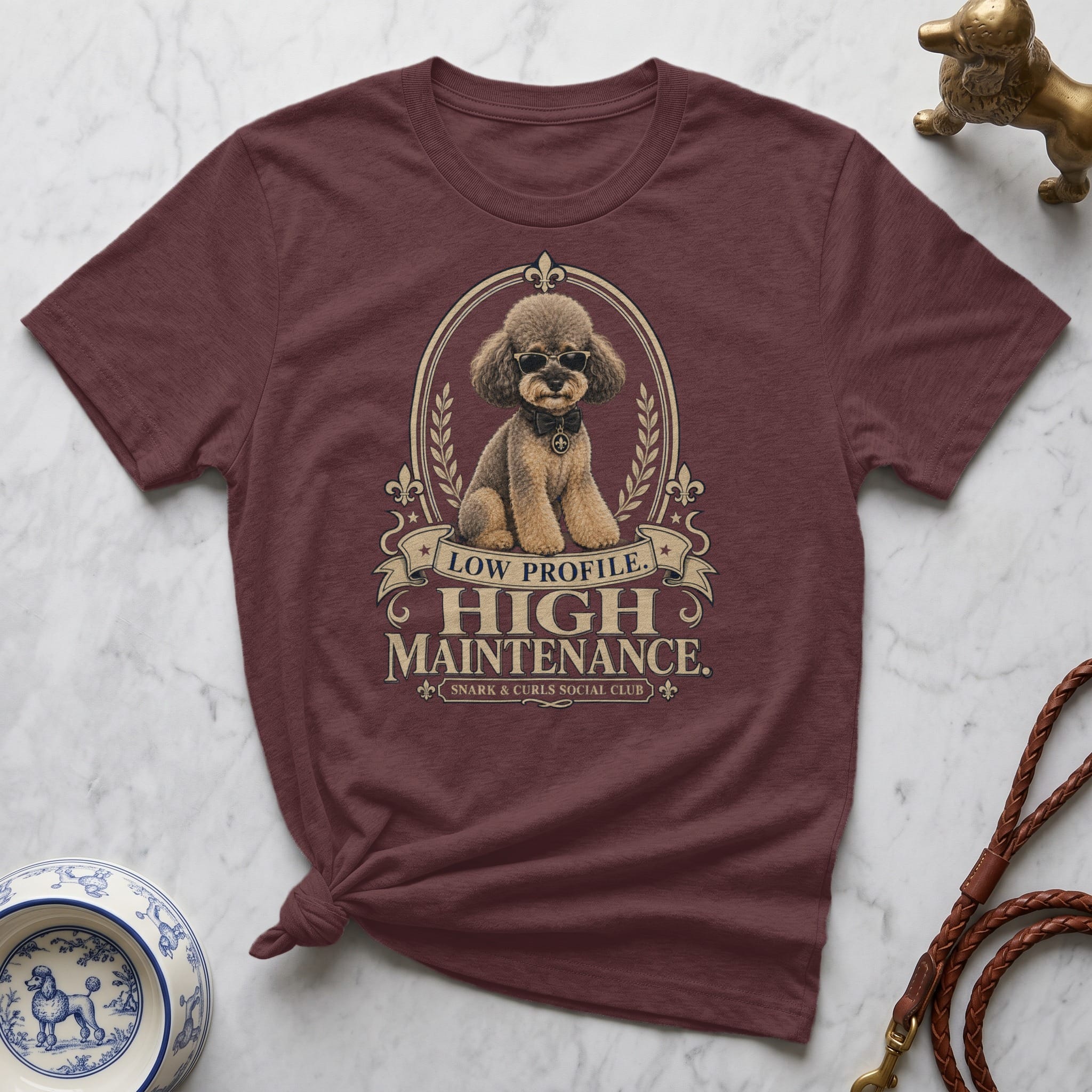 Maroon t-shirt with a poodle graphic and "High Maintenance" text.