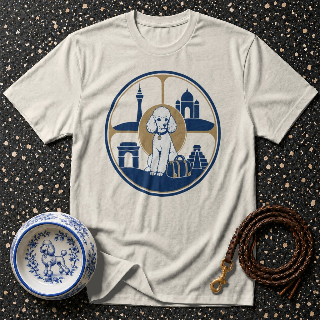 White t-shirt with poodle travel graphic and accessories.
