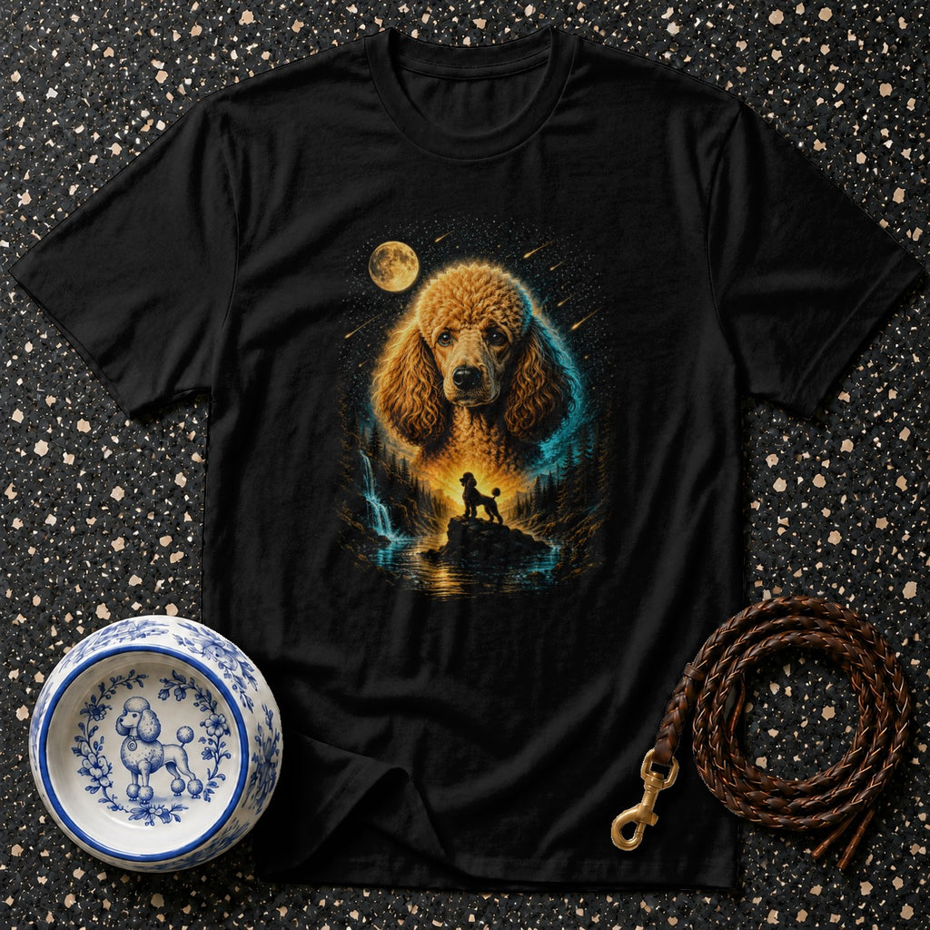 Black t-shirt with a large golden poodle face over a forest scene with moon and waterfall.