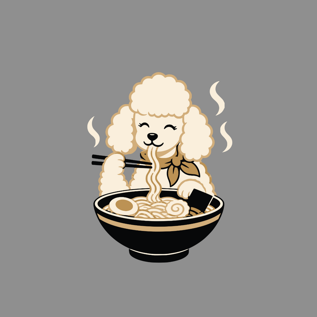 Cream poodle wearing a bandana eats ramen with chopsticks from a black bowl.