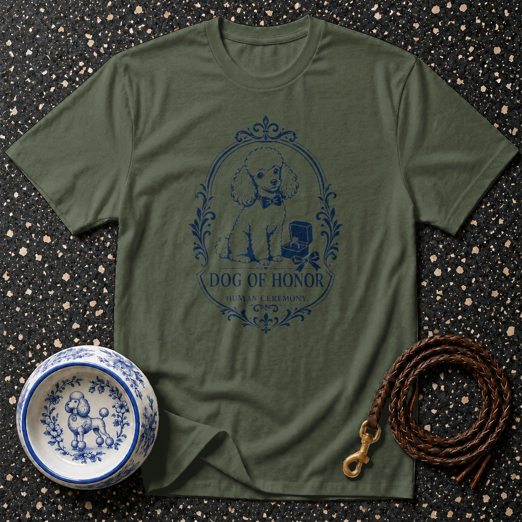 Green t-shirt with a blue oval design featuring a poodle and text, "Dog of Honor Human Ceremony".