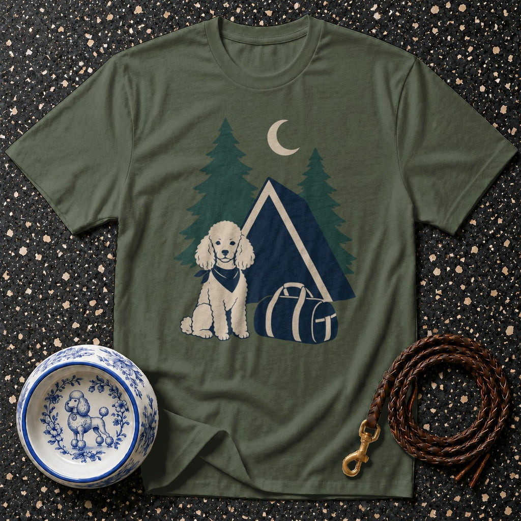 Green t-shirt with a graphic of a poodle, tent, trees, and moon.