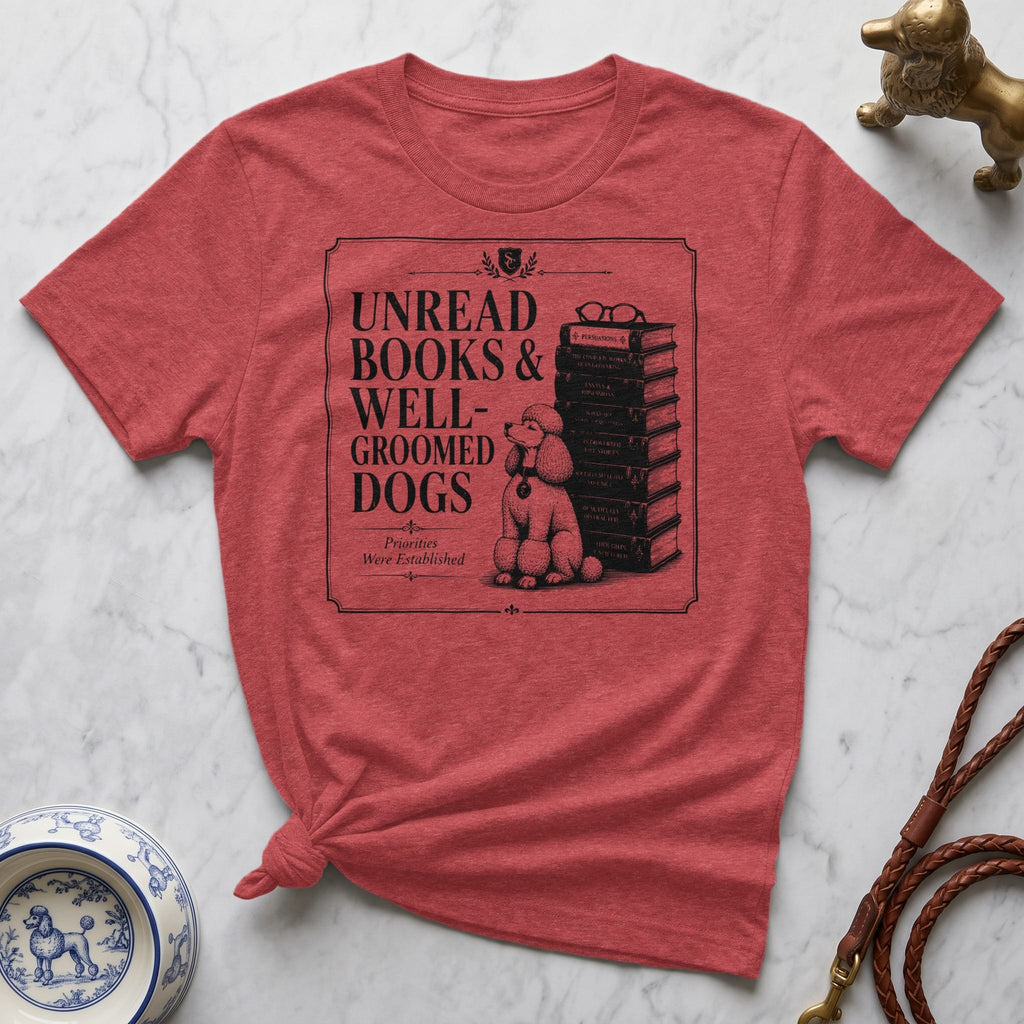 Red t-shirt with text "Unread Books & Well-Groomed Dogs" and illustration.