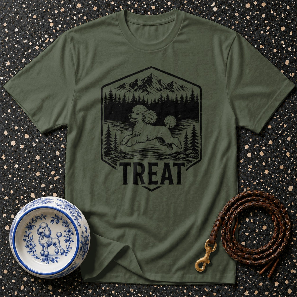 Olive green t-shirt with graphic of a poodle in a mountain landscape and the word "TREAT."