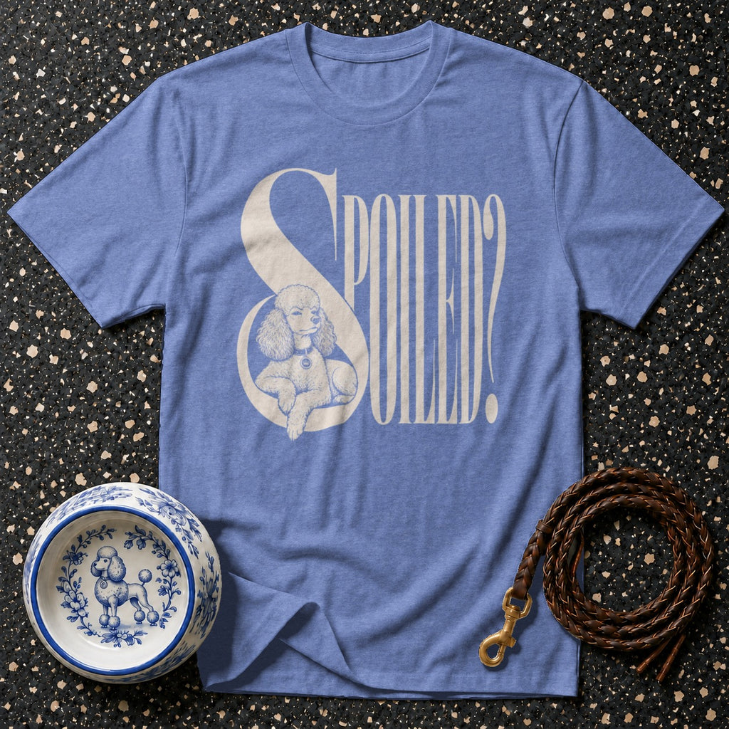 Periwinkle t-shirt with "SPOILED?" text and a poodle graphic.