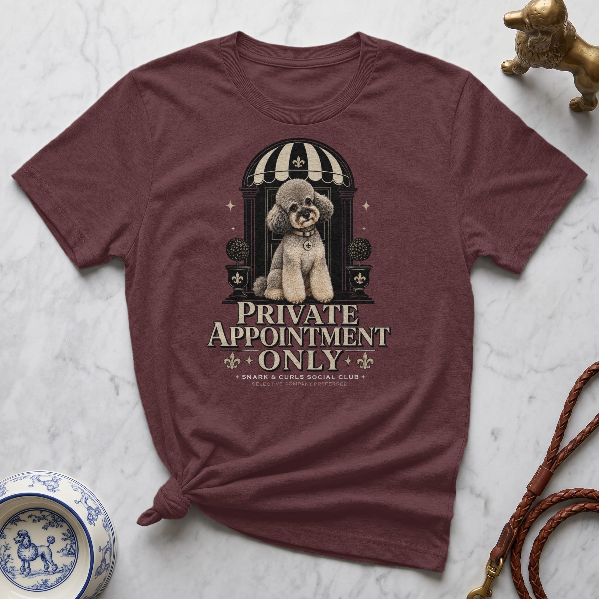 Maroon t-shirt with dog and "Private Appointment Only" text.