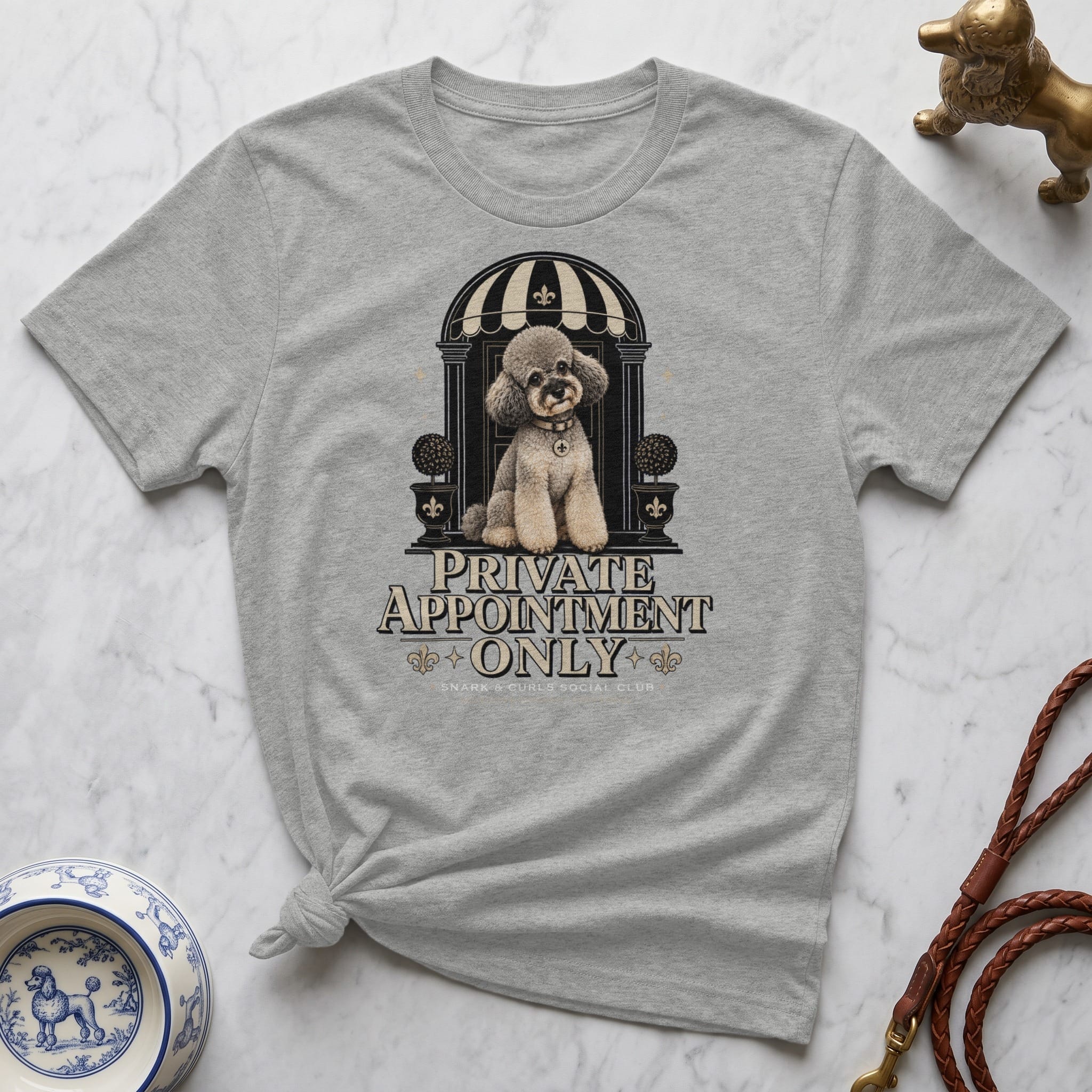 Grey t-shirt with "Private Appointment Only" graphic of a poodle.