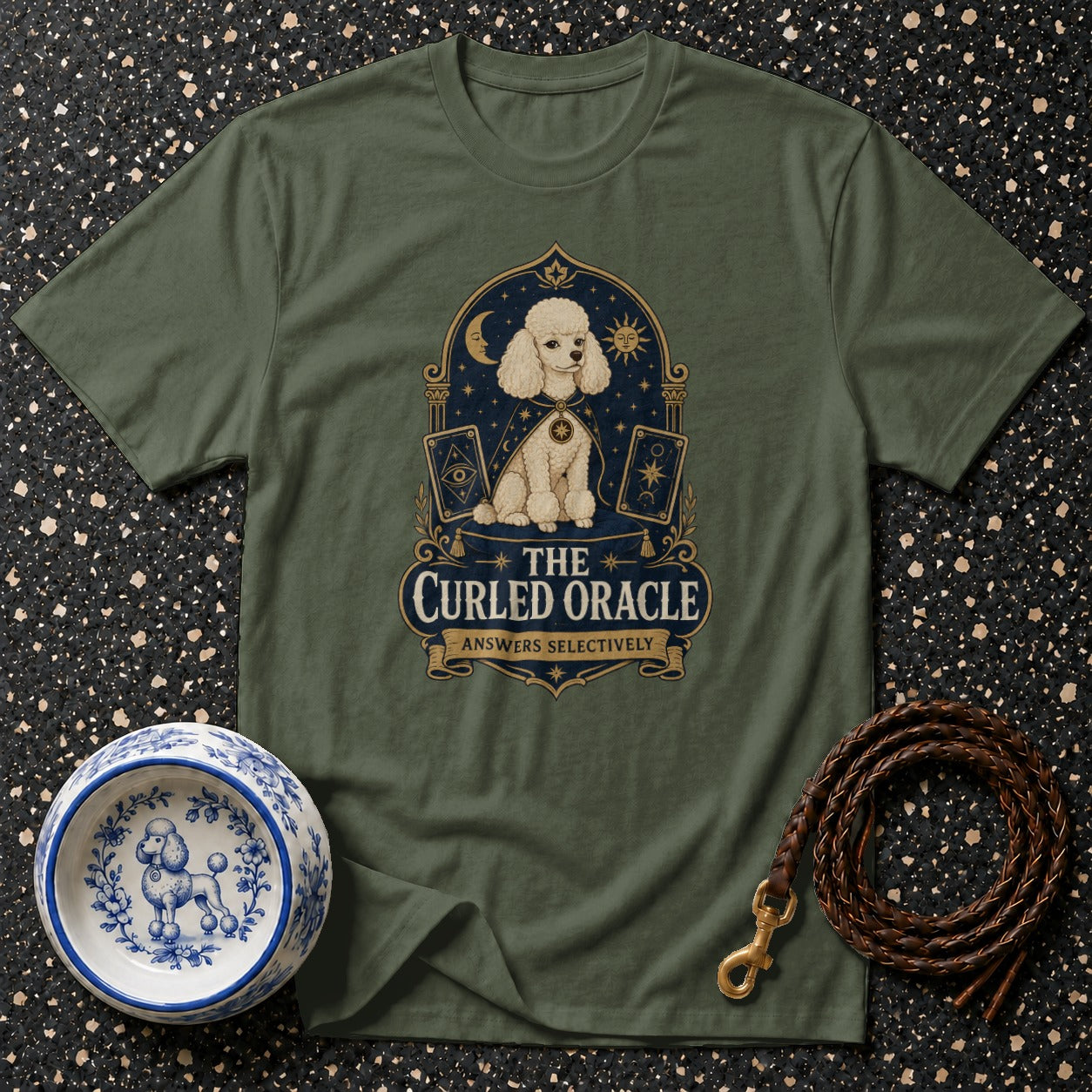 Olive green t-shirt with poodle oracle tarot design reading "The Curled Oracle"