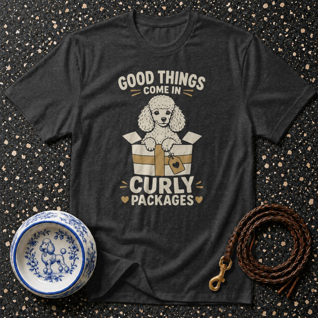 Dark t-shirt with poodle in a box graphic and text "Good things come in curly packages".