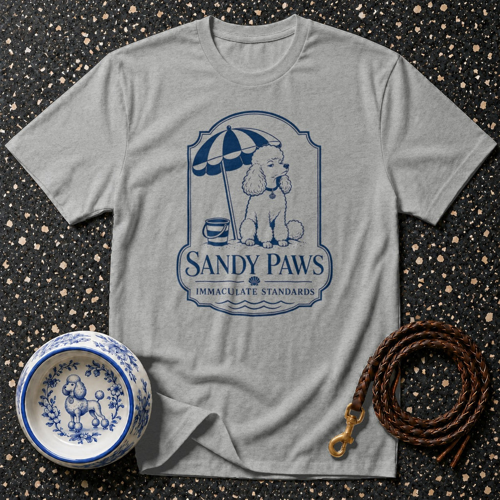Gray t-shirt with blue Sandy Paws beach poodle design and Immaculate Standards text.