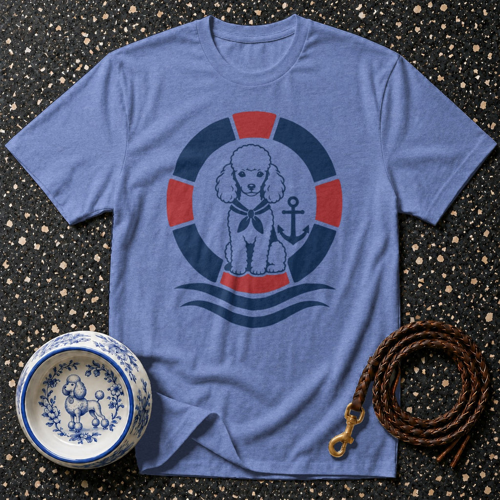 Blue t-shirt with nautical poodle graphic, life preserver, anchor, waves, and dog bowl.