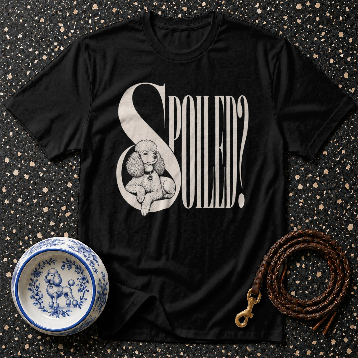 Black t-shirt with poodle illustration and "SPOILE?D" text.