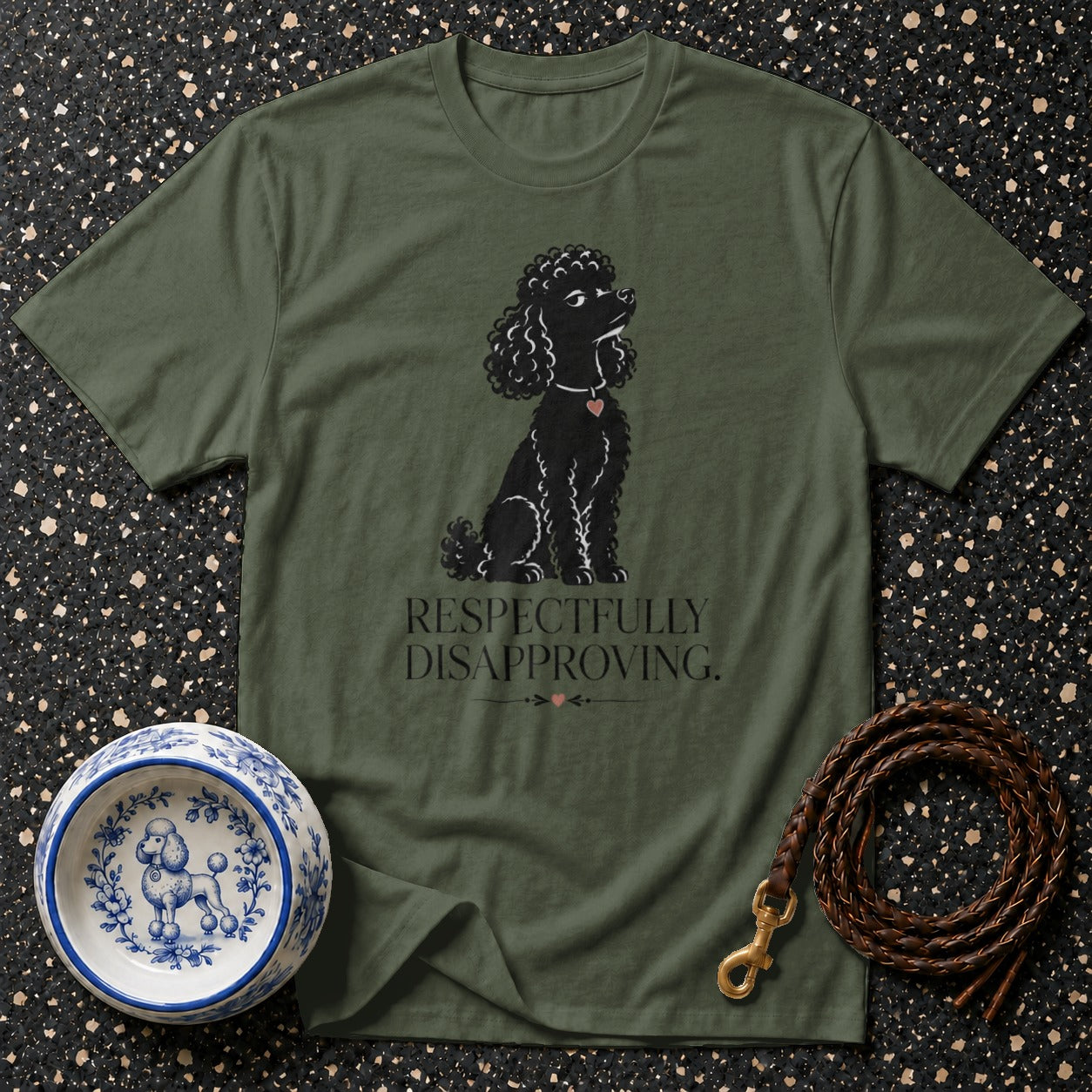 Green t-shirt with black poodle illustration and "Respectfully Disapproving" text.