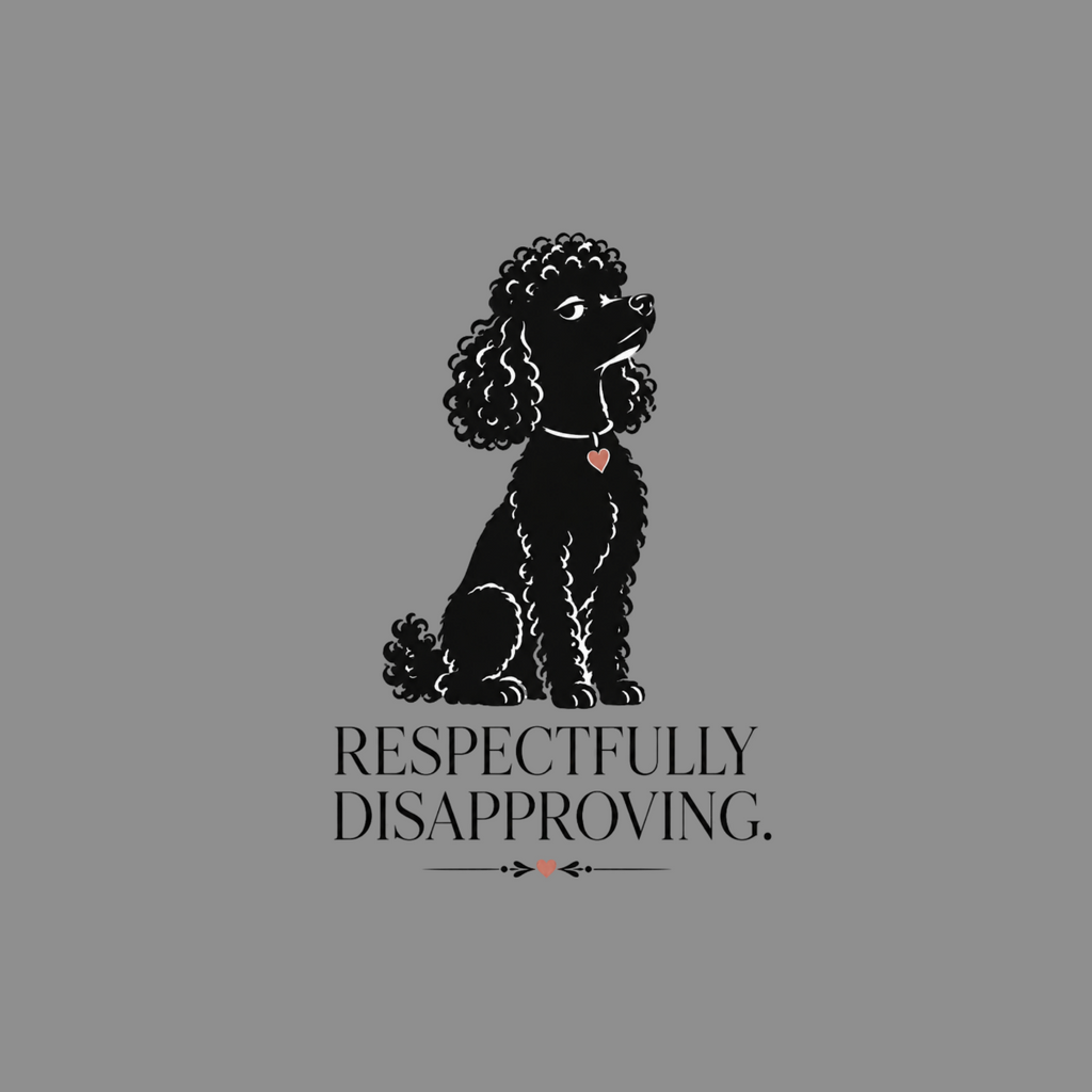 Black poodle sitting with heart charm, text "RESPECTFULLY DISAPPROVING."