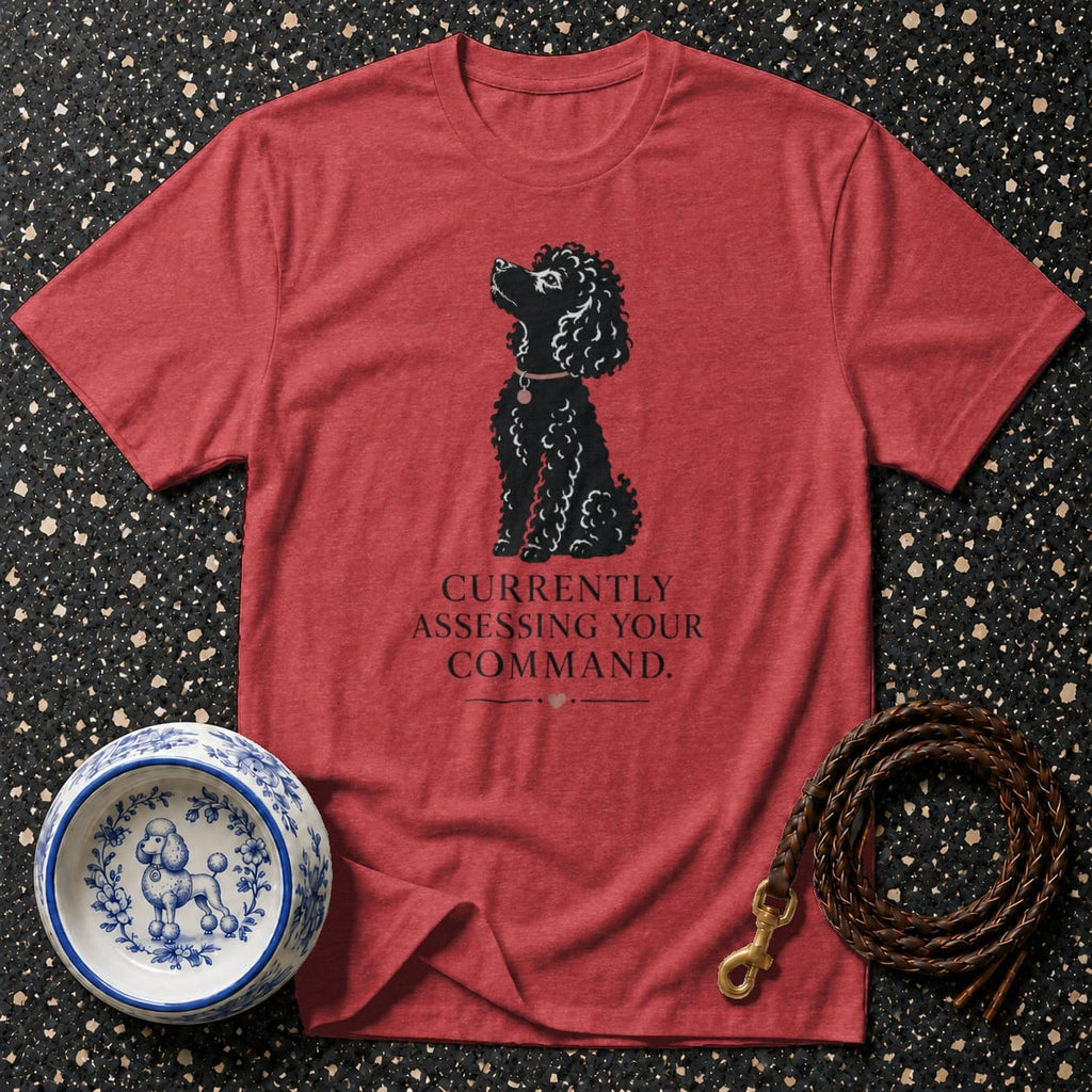 Red t-shirt with black poodle graphic and text "Currently Assessing Your Command".