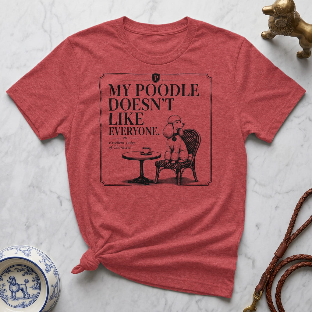 Red t-shirt with "My Poodle Doesn't Like Everyone." text and poodle illustration.