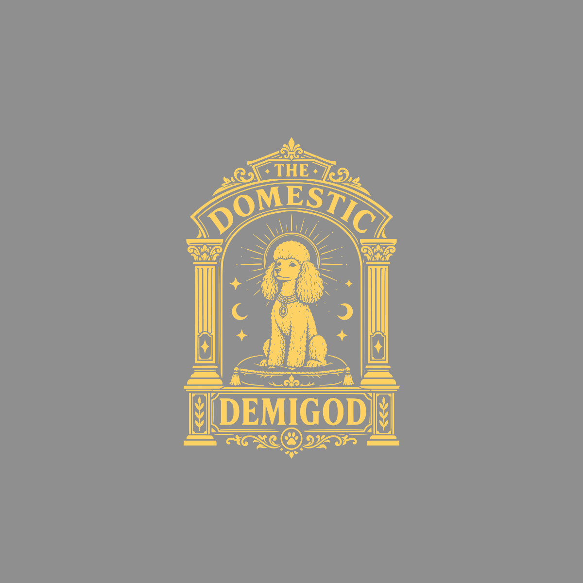 The Domestic Demigod logo features a stylized poodle sitting on a cushion, framed by decorative pillars.