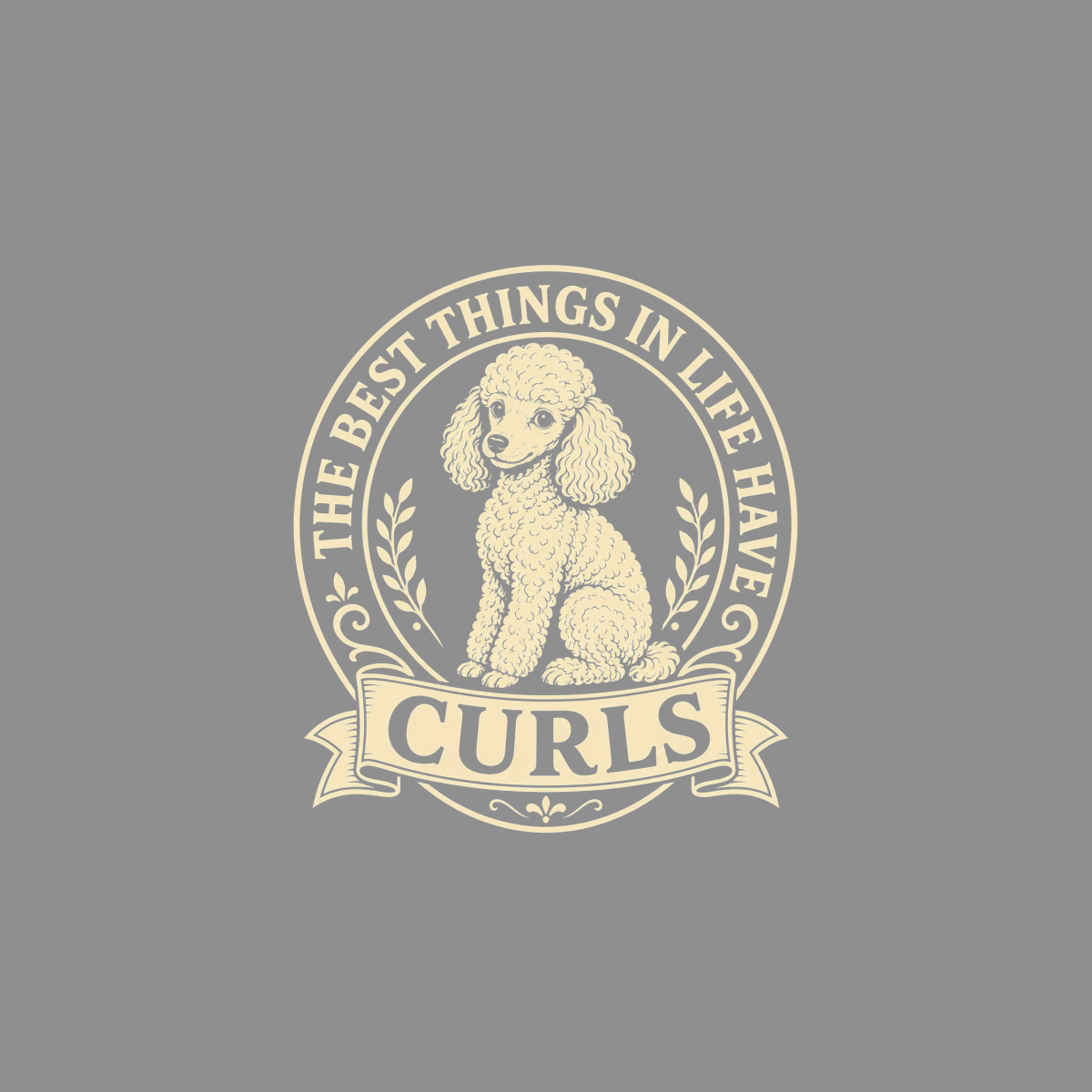 Curls logo with poodle and text "The Best Things In Life Have Curls."