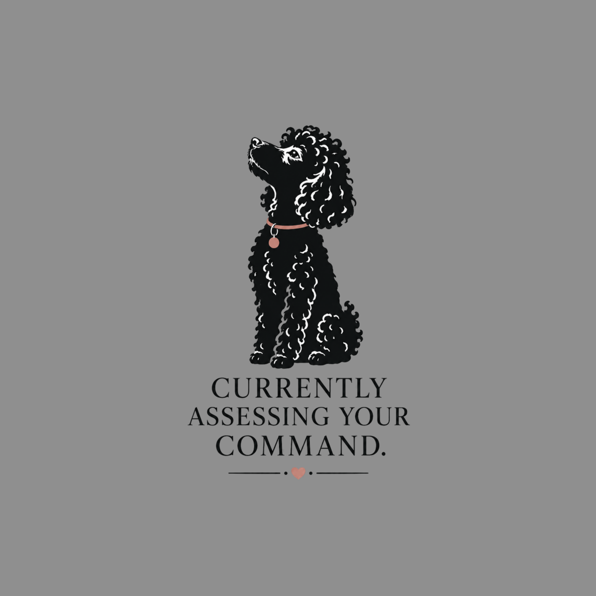 Black poodle with a pink collar sits and looks up, text reads "Currently assessing your command."