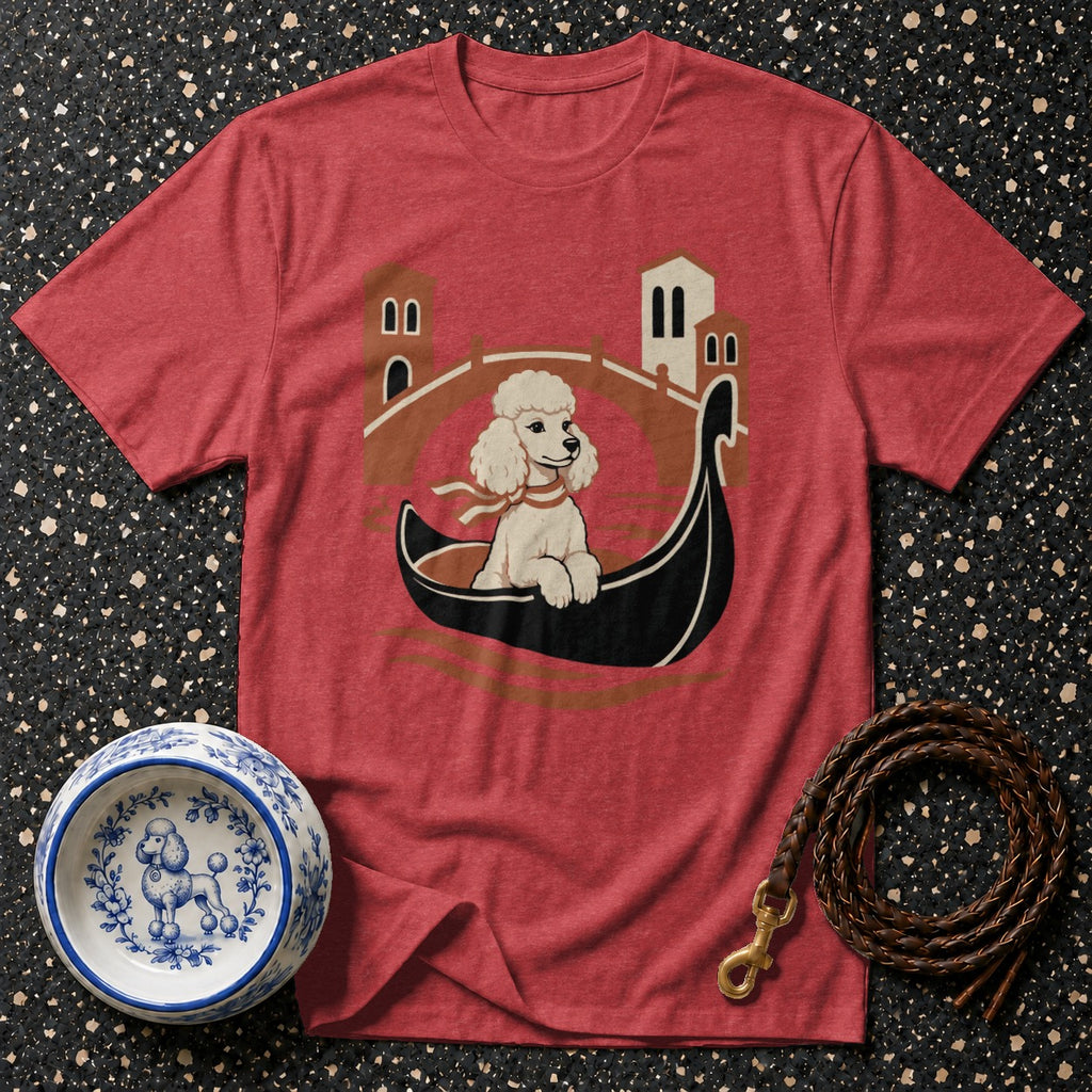 Red t-shirt with a poodle in a gondola design, plus a dog bowl and leash.