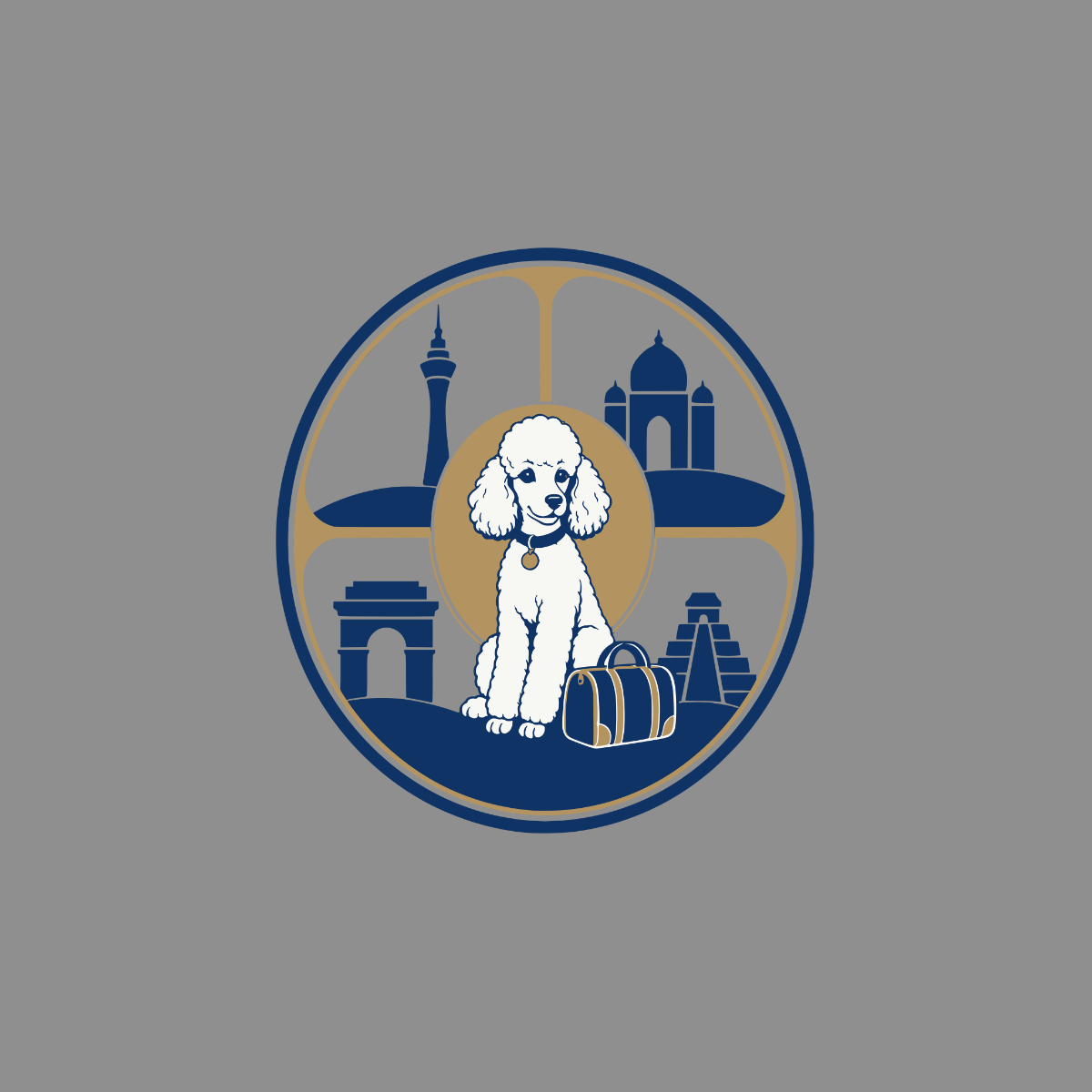 White poodle with a suitcase sits in a circle with world landmarks.