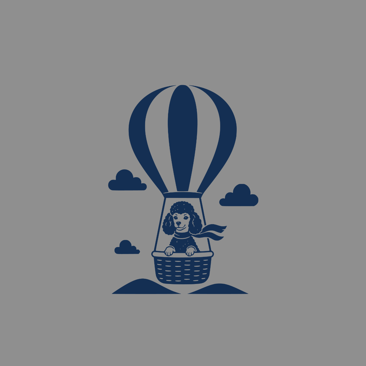 Poodle in a hot air balloon with scarf and clouds.