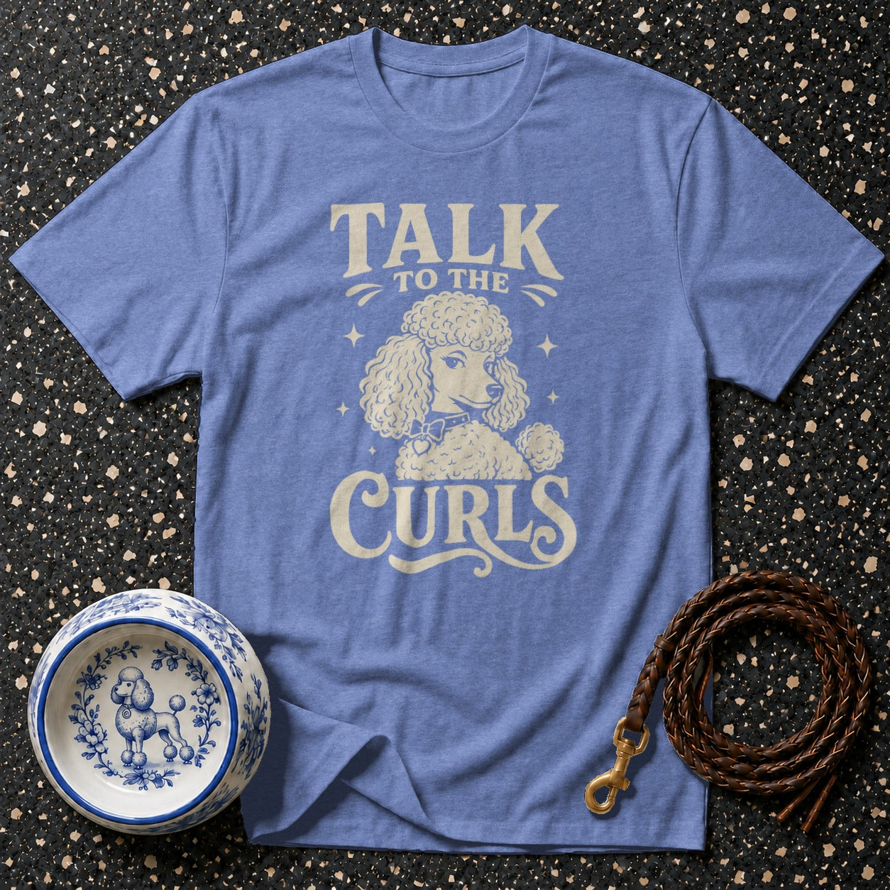 Blue t-shirt with poodle graphic and text "Talk to the Curls".